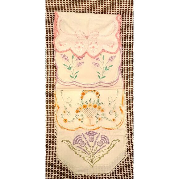 LOT of 4 Heavily Embroidered Table Runners Dresser Scarf 50s Vintage Linens - Picture 1 of 11